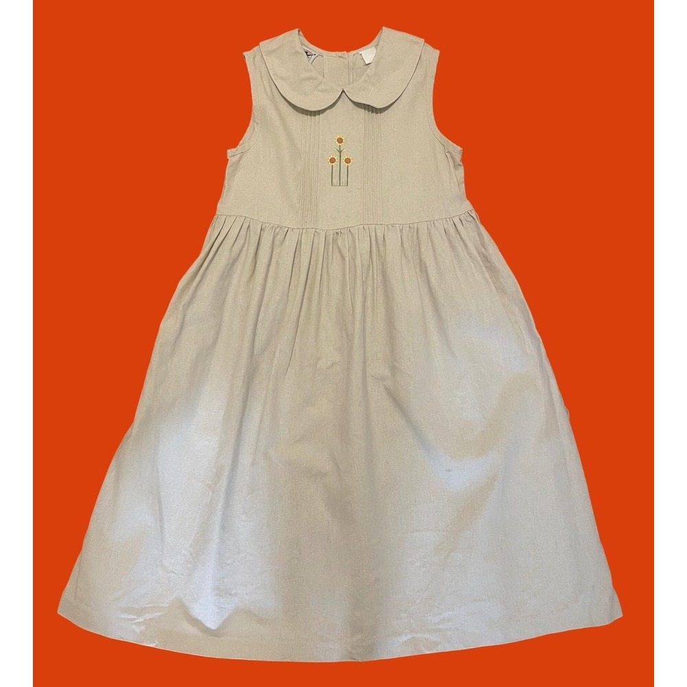 Good Lad Vintage Dress Beige Linen Sunflower Embroidered Peter Pan Collar Size 8